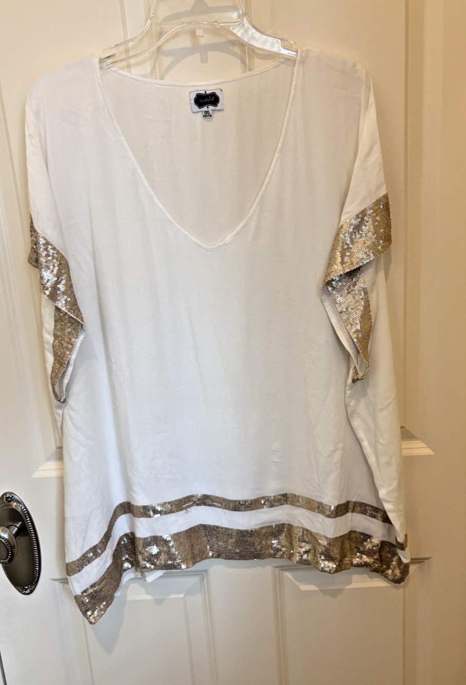 Mud Pie Top Women One Size White Gold Sequin Boxy Cap Sleeve V Neck Blouse